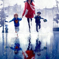 Kehujanan jadi salah satu hal yang menyebalkan, tapi jika kehujanan bersama buah hati mungkun jadi salah satu hal yang mengasyikkan. (Foto: @pascalcampionart)