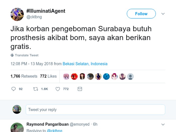 Coki menawarkan prostesis gratis untuk korban bom Surabaya. (Foto: Twitter) Coki menawarkan prostesis gratis untuk korban bom Surabaya. (Foto: Twitter)