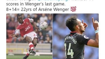 Pencetak gol perdana Arsenal di bawah asuhan Wenger bernomor 8, sedangkan pencetak gol terakhir bernomor 14, jika dijumlah hasilnya 22, seakan mewakili masa kepelatihan Wenger bersama tim tersebut. (Foto: Twitter)