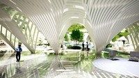 Desain gedung akan dibalut dalam fasad bio panel yang tertutup mikroalga, mikroba tumbuhan air yang punya banyak manfaat untuk keramahan lingkungan. Istimewa/Inhabitat.