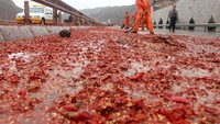 Kalau ini adalah potret tumpahan cabai di China sekitar tahun 2012. Nampak cabai-cabai yang sudah hancur berserakan di jalanan. Warga sekitarpun ada yang mengambil sebagian cabai ini. Foto: Istimewa