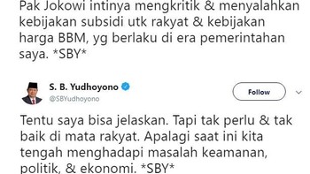 SBY menulis sebuah kicauan mengenai komentar Presiden Joko Widodo terhadap kebijakan subsidi yang diterapkan olehnya saat masih memimpin Indonesia. (Foto: Twitter)