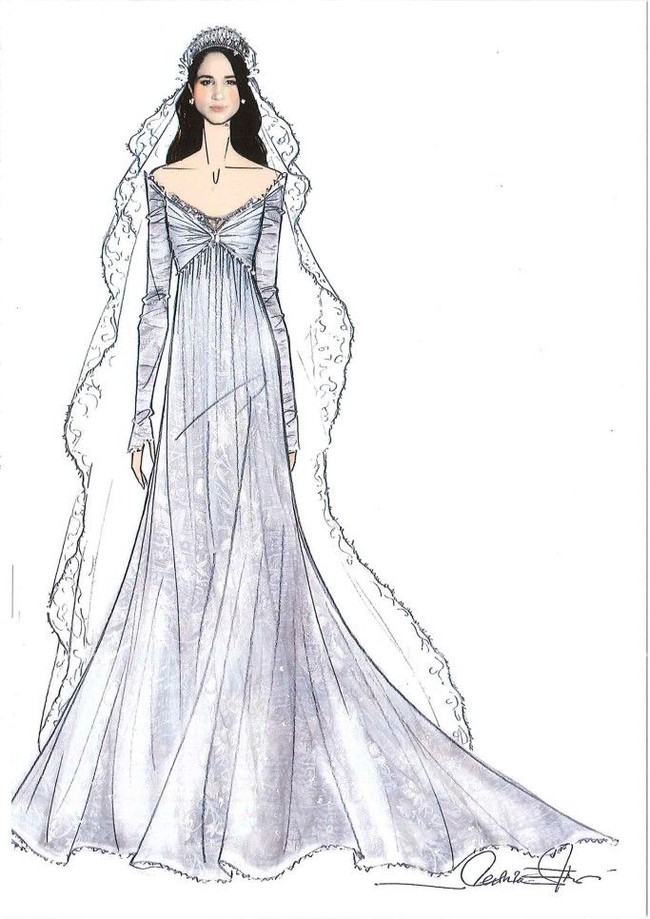 Veronica Etro membayangkan Meghan bergaun klasik dengan kerah off-shoulder dan veil cantik berbahan lace. Foto: Dok. WWD