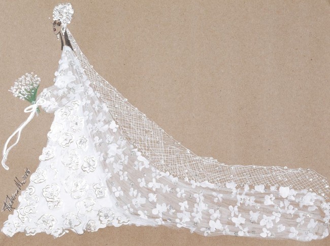 Gaun dramatis Meghan Markle di bayangan Rebecca Moses. Hadir dengan headpiece mencuri atensi dan veil panjang menyapu lantai. Foto: Dok. WWD