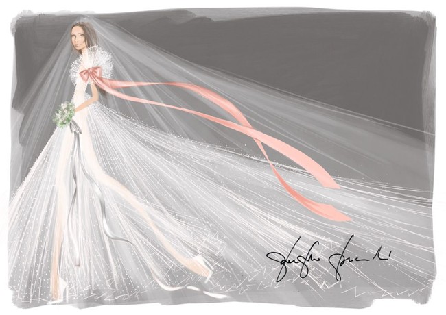 Pierpaolo Piccioli dari valentino memberi sentuhan modern bagi gaun Meghan dengan tumpukan tulle menerawang dengan pita di lengan yang romantis nan dramatis. Foto: Dok. WWD