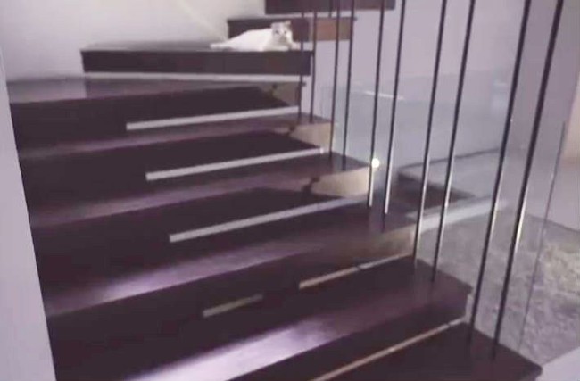 Bagian tangga kayu dengan aksen teralis yang menciptakan suasana modern. Foto: Youtube