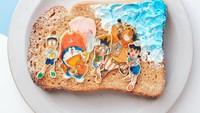 Kalau komik yang satu ini pasti diketahui semua orang. Ya, Doraemon! Doraemon, Nobita, dan kawan-kawan masih terlihat menggemaskan walau ada di atas roti panggang.Foto: Instagram @uukanuba