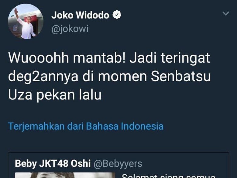 Foto: Jokowi Mencuit soal Senbatsu Uza JKT48 (Istimewa) Foto: Jokowi Mencuit soal Senbatsu Uza JKT48 (Istimewa)