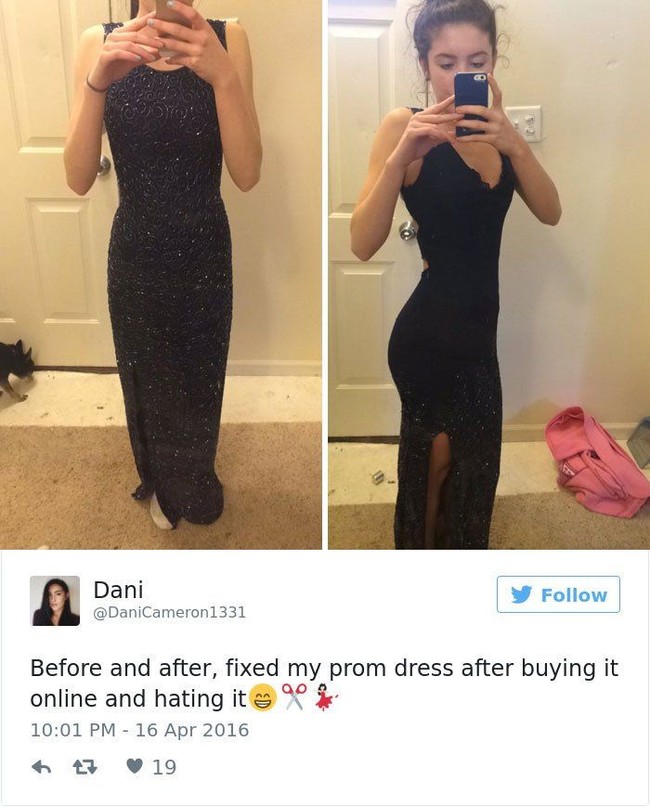 Beruntung remaja ini bisa memperbaiki prom dress gagal yang dibelinya online jadi lebih cantik. Foto: Twitter