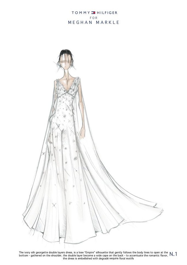 Tommy Hilfiger memberikan gaun plunging neckline yang dikemas glamor berkat aksen cape berbahan tulle dan lace. Foto: Dok. WWD