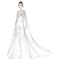 Tommy Hilfiger memberikan gaun plunging neckline yang dikemas glamor berkat aksen cape berbahan tulle dan lace. Foto: Dok. WWD