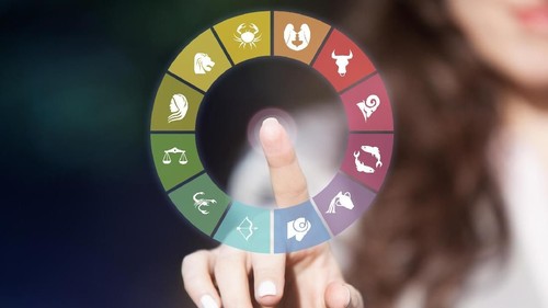Zodiac signs on touch screen. Woman choosing horoscope symbols.
