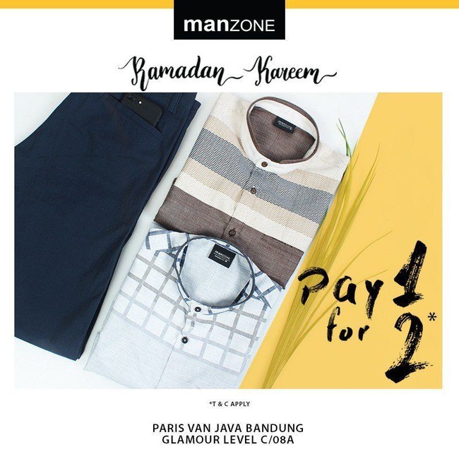 Pilihan busana pria dengan harga miring bisa ditemukan di gerai Manzone. Dengan program Ramadhan Kareem, Anda bisa mendapati promo buy 1 get 1. Foto: Twitter