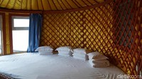 Yang unik di dalam Ger adalah tempat tidurnya yang berbentuk setengah lingkaran. Kata pemandu kami, biasanya satu keluarga tidur bersama di atas tempat tidur seperti ini. (Wahyu/detikTravel)