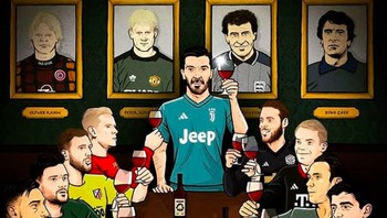 Buffon di sini digambarkan sebagai kiper legendaris yang dihormati kiper lainnya. Di latar belakang, ada foto-foto kiper hebat di masa silam. Foto: istimewa