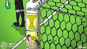 Di kartun yang beredar di Instagram ini, Buffon terlihat melambaikan tangan. Sementara di tiang gawangnya terlihat beberapa prestasi yang ia raih seperti juara Piala Dunia. Foto: istimewa