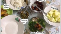 Netizen @ichamarisatun ini punya menu sahur yang super komplit nih. Ia masak cumi goreng asam, ayam bakar, sayur bayam dan sambal ijo. Untuk buahnya ada melon potong. Foto: Instagram