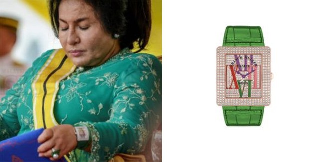 Rosmah Mansor juga tak hanya punya satu jam tangan mewah Franck Muller. Wanita yang meraih gelar sarjana sosiologi dan antropologi dari Universitas Malaya ini juga memiliki jam tangan Franck Muller seri Infinity yang bertabur berlian. Jam tangan berwarna hijau dengan hiasan berlian 18 karat itu harganya mencapai 185 ribu Ringgit Malaysia atau sekitar Rp 661 juta. Foto: dok. Bernama, Istimewa