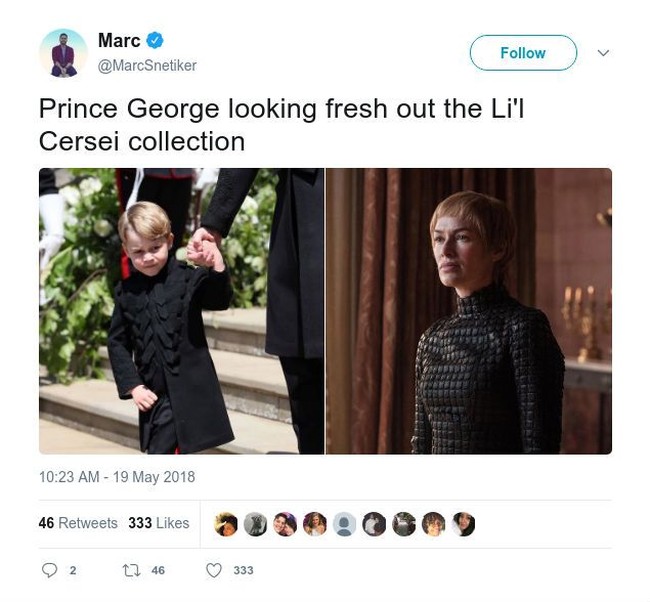 Twitter malah bergurau Pangeran George memakai koleksi busana rancangan Cersei Game of Thrones. Foto: Dok. Twitter