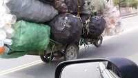Lagi-lagi sebuah becak motor ditemui tengah melintas di sebuah jalan di Yuyao sedang membawa tumpukan botol plastik bekas.