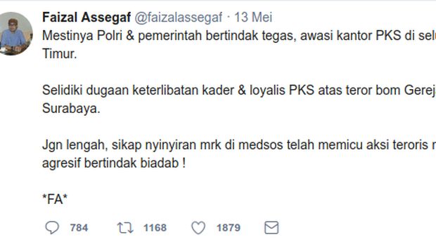 Cuitan Faizal Assegaf soal keterlibatan PKS  dengan aksi terorisme di 3 gereja Surabaya. 