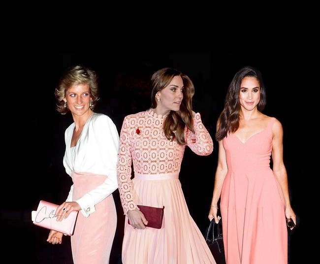 Pink Party, beginilah seandainya Putri Diana berpose bersama kedua menantunya Kate Middleton dan Meghan Markle dengan busana berwarna senada, pink. Foto: Instagram loyal__royals