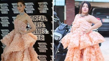 Salah satu karyanya yang viral adalah saat memparodikan gaya busana yang saat itu dikenakan aktris Thailand, Chompoo Araya, saat menghadiri Festival Film Cannes. Ia mengenakan kerupuk sebagai kostumnya. (Foto: Instagram)