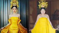 Hayo cari perbedaan Davikah dan Sine. Sama-sama pakai dress berwarna kuning akan tetapi mahkota Shine dibuat dari seekor bebek ungkep lengkap dengan sate dan telur asin. Foto: Instagram @framsook_lek_lek