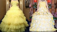 Mengikuti gaya selebriti Thailand, Araya Alberta Hargate, Sine Benjaphorn justru bikin netizen gagal fokus. Ia membuat gaun berwarna kuning dengan susunan puluhan durian yang dibungkus rapih dalam plastik.  Foto: Instagram @framsook_lek_lek