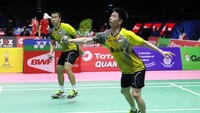 Partai kedua kemudian mempertemukan ganda putra terbaik Indonesia, Kevin Sanjaya Sukamuljo/Marcus Fernaldi Gideon, dengan Gon V Shem/Tan Wee Kiong. Foto: dok. Humas PBSI