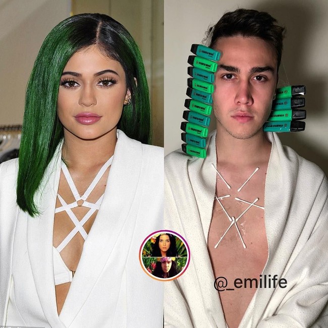 Gaya Kylie Jenner kerap kali jadi kiblat fashion banyak orang di penjuru negeri. Tapi, pria asal Itali ini menjadikan fashion Kylie terlihat kocak. Ia menempelkan rambutnya dengan beberapa stabilo berwarna hijau agar terlihat seperti rambut Kylie. Sementara itu, Emi juga mengenakan cutton bud di dadanya agar penampilannya itu persis terlihat seperti Kylie. Foto: Instagram