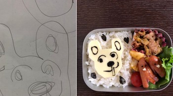 Dibilang kreatif karena ia membuat bento-bentonya tersebut dari hasil gambar yang berantakan buatan anaknya yang memang masih kecil. (Foto: Twitter)