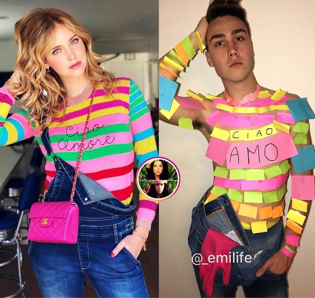 Emi memang tak pernah kehabisan ide untuk meniru gaya selebriti maupun model. Ia pun menggunakan berbagai kertas note warna warni untuk menyerupai pakaian yang dikenakan oleh Chiara Ferragni. Foto: Instagram