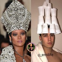 Tak hanya penampilan Madonna di Met Gala saja yang menjadi inspirasi Emi, gaya fashion Rihanna pun ditirunya dengan barang sederhana. Mahkota yang dikenakan Rihanna dibuat ulang olehnya dengan menggunakan tumpukan gelas plastik berwarna putih. Foto: Instagram