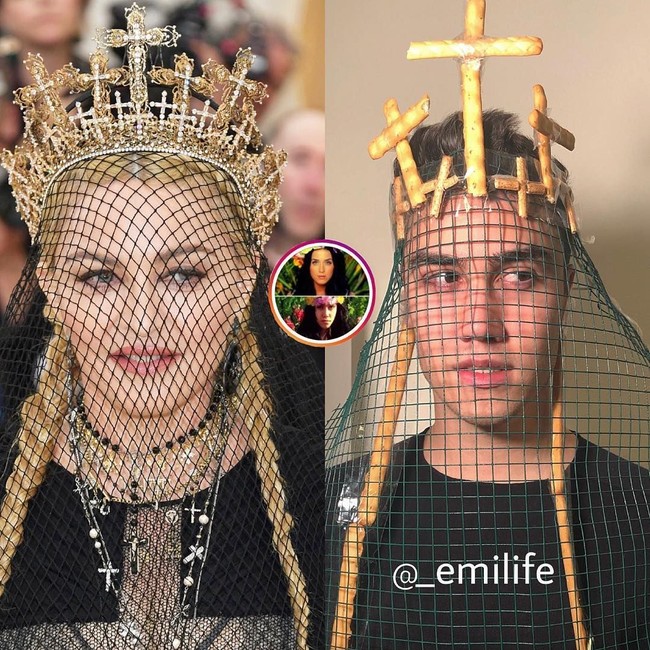 Madonna tampil memukau di Met Gala 2018 dengan gaun serba hitam. Penampilannya itu pun semakin megah dengan mahkota rancangan desainer Indonesia, Rinaldy A. Yunardi. Mengusung tema Fashion and the Catholic Imagination, Emi meniru gaya mahkota yang dipakai Madonna dengan potongan beberapa biskuit.Foto: Instagram
