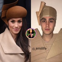 Gaya Meghan Markle kembali menjadi inspirasi Emi untuk menirukannya. Kali ini Emi mengenakan kardus yang berwarna khaki agar penampilannya itu terlihat seperti Duchess of Sussex itu. Foto: Instagram