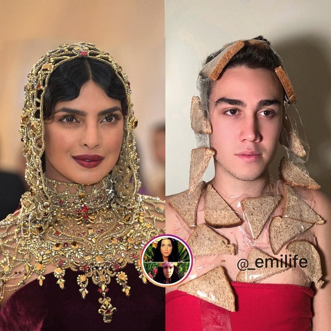 Memiliki 724 ribu lebih pengikut di Instagram, Emi juga menirukan gaya fashion Priyanka Copra saat hadir di Met Gala 2018. Aksinya kali ini ia memanfaatkan roti agar terlihat persis seperti penampilan Priyanka. Foto: Instagram