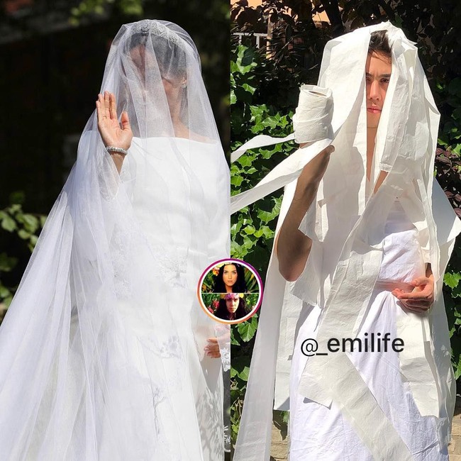 Pernikahan keluarga kerajaan Inggris Pangeran Harry dan Meghan Markle mendapat perhatian bagi seluruh warga dunia. Meghan tampil anggun dan cantik dengan gaun putih rancangan Claire Waight Keller dari rumah mode Givenchy. Tapi pria yang akrab disapa Emi ini meniru gaun pernikahan Meghan dengan menggunakan tisu toilet.Foto: Instagram