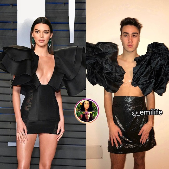 Memanfaatkan platik hitam dan payung dengan warna senada, Emi sukses menirukan gaya fashion Kendal Jenner. Jika Kendall terlihat seksi dengan busana yang dikenakannya, kalau Emi terlihat bagaimana ya? Foto: Instagram