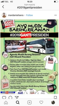 Promosi mudik bareng #2019GantiPresiden di IG Mardari Ali Sera