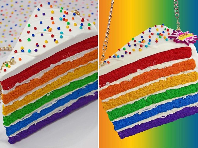 Tas berbentuk rainbow cake ini terlihat enak, terlalu sayang untuk dipakai sebagai tas ya. Foto: Instagram/rommydebommy