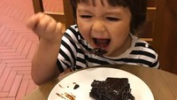 Nyam! Kayaknya hobi El sudah terlihat sejak kecil nih, ia suka banget makan. Sepotong kue cokelat ini lagi disantapnya sendirian. Foto: instagram @alexanderbarackel