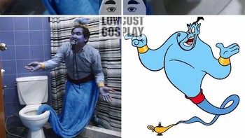 Pakai handuk biru dan kloset, unik juga. (Foto: Facebook/Lowcostcosplay)