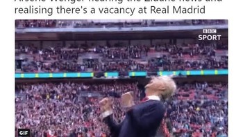 Wenger pun tampak girang bukan kepalang begitu tahu ada lowongan kerja di Madrid. (Foto: Internet)