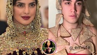 Tiru gaya Priyanka Chopra di Met Gala, Emi tak kehabisan ide. Stok roti gandum di rumahnya dipotong-potong dan dijadikan penutup kepala. Foto: Emanuele Ferrari