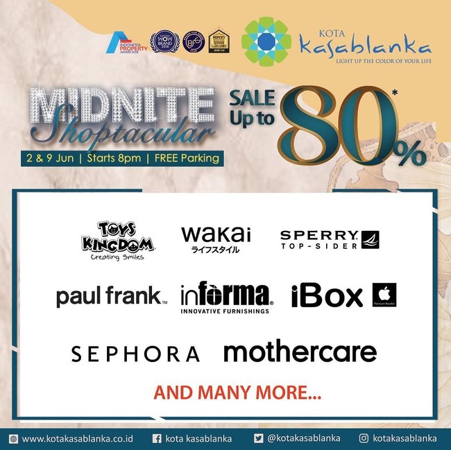 Anda yang berada di kawasan Tebet, Jakarta Selatan dapat mengunjungi Kota Kasablanka. Midnite Sale up to 80% akan berlangsung pada Sabtu, (2/6/2018) besok mulai pukul 20:00 WIB. Midnite Sale selanjutnya bakal diadakan pada 9 Juni 2018. Foto: istimewa