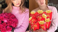 Nggak punya bunga untuk meniru gaya cantik  model Chiara Ferragni, Emi memilih kentang goreng McD. Sama-sama merah sih, tapi punya Emi juga bisa bikin kenyang, hihihi... Foto: Emanuele Ferrari