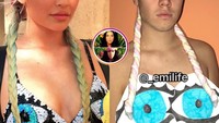 Tirukan gaya rambut Kylie Jenner yang dikepang dengan warna hijau dan pink, Emi memilih marshmallow. Duh, nempelnya aja pake solasi! Foto: Emanuele Ferrari