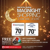 Informa, Delami Brand, Matahari, Electronic City, Ace Hardware hingga Diamond Supermarket diskon hingga 70% di Mal Artha Gading saat Midnight Shopping 2 Juni 2018. Gelaran tersebut dimulai dari pukul 20:00 WIB. Foto: istimewa