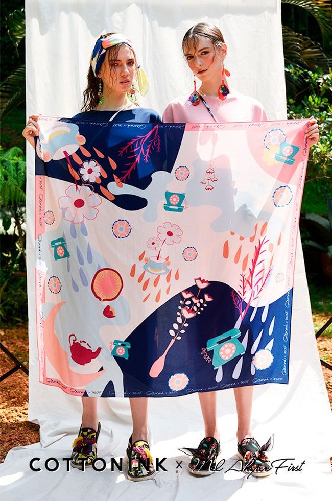 Brand fashion Cotton Ink berkolaborasi dengan desainer Mel Ahyar membuat koleksi lebaran yang penuh warna. Scarf dengan paduan cerah ini bisa kamu dapatkan dengan harga Rp 299.000. Foto: Dok. Instagram